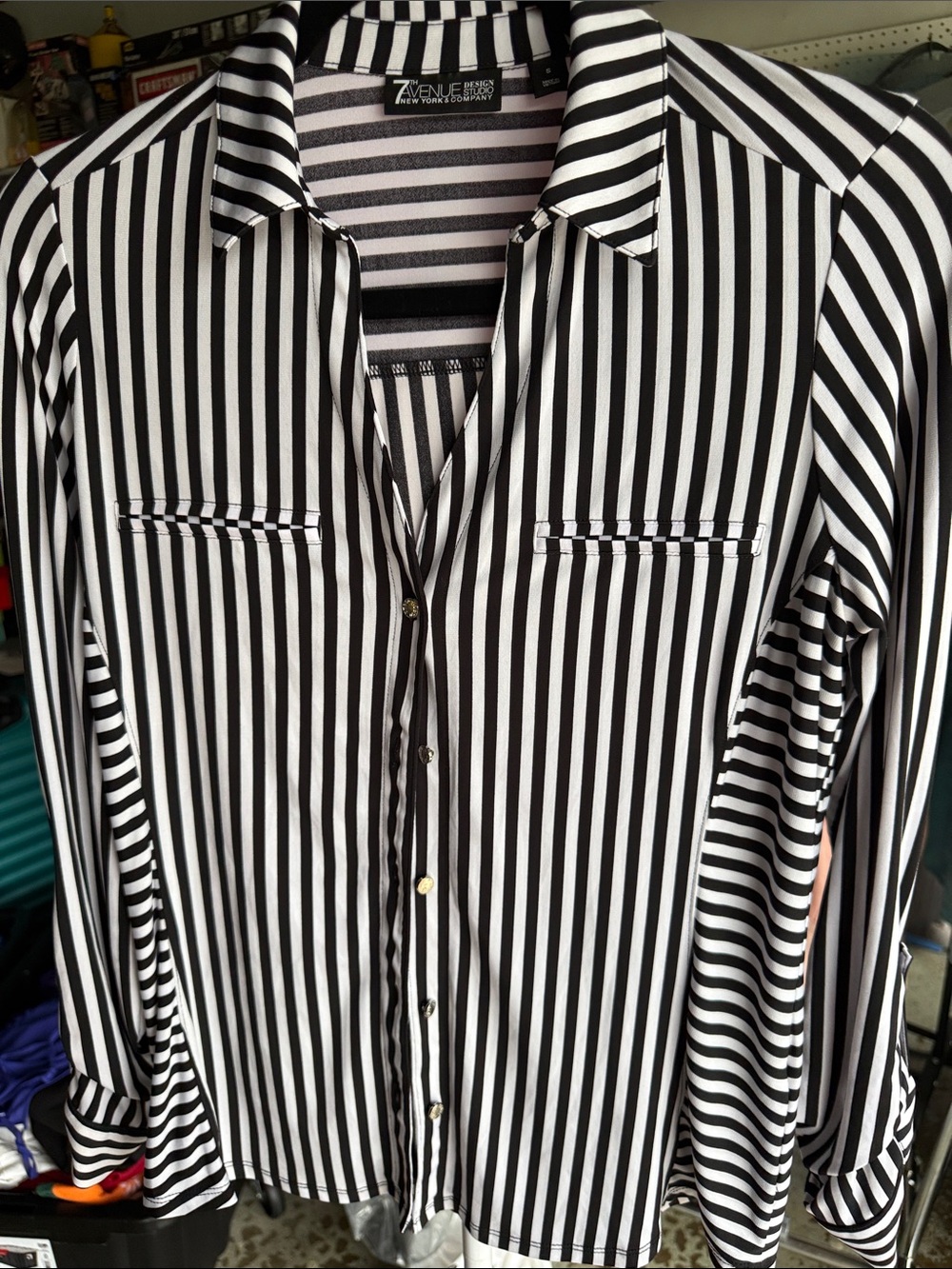 Avenue Black and White Vertical Stripe Button-Down Shirt